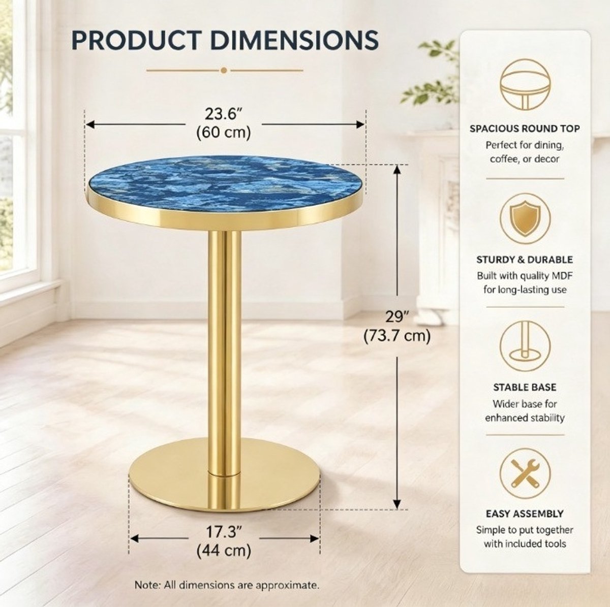 OKWISH Bijzettafel - Ronde Marmerlook Tafel Met Gouden Rand - Voor Woonkamer, Slaapkamer Of Balkon - MDF En Metaal Blauw - 60 x 73,7 cm