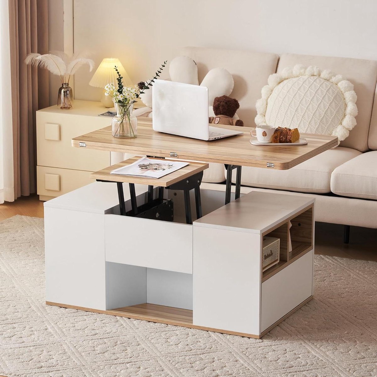 Salontafel - Eettafel bijzettafel - Woonkamer organiseren - In hoogte verstelbaar uitklapbaar - 100 x 100 cm - Wit houtkleur