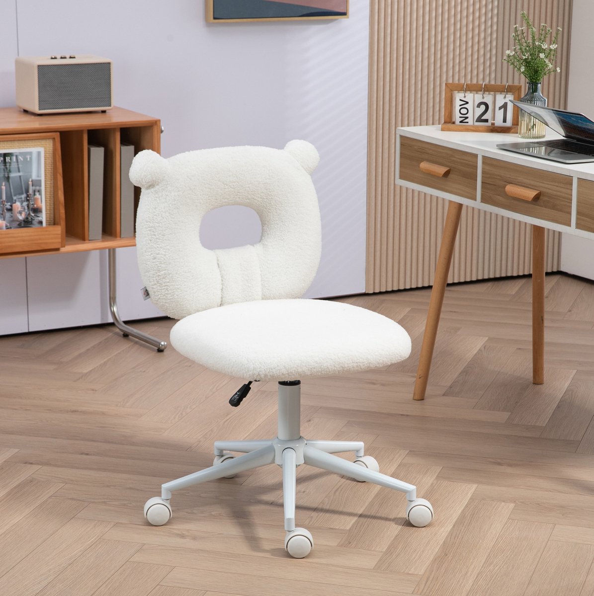 DESMIU Bureaustoel 50 x 56 x 80-90 cm - Hoogteverstelbaar En Draaibaar Zonder Armleuningen - Kinderkamer En Bureau - Teddyfleece Wit