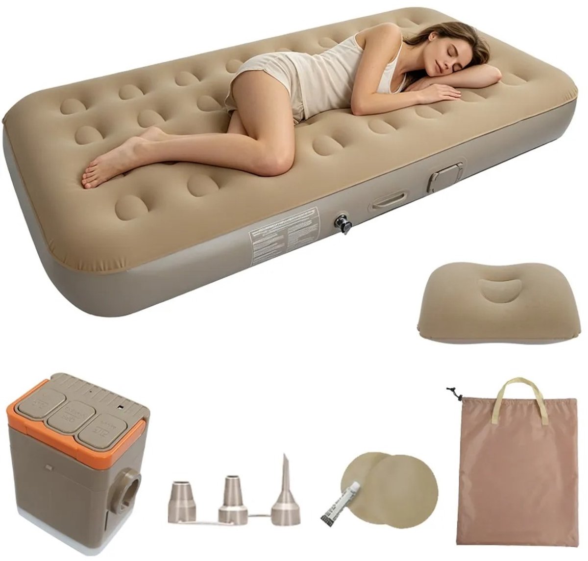 VIEMAE Luchtbed - Luchtbed met ingebouwde pomp - Luchtmatras - Luchtbed 1 persoons - Voor kamperen, logeren - 190x100x25cm - Beige