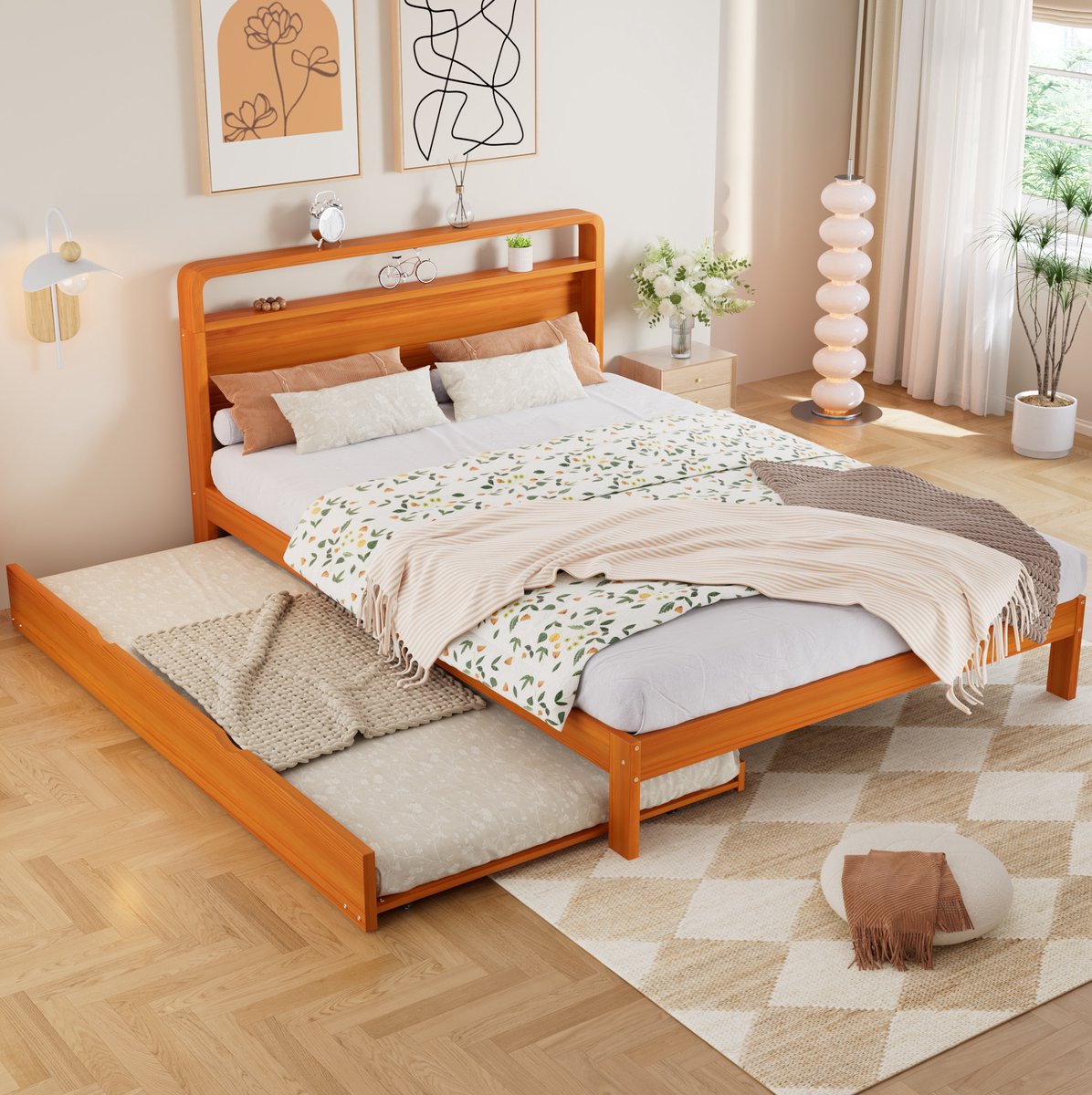 Wishdor Tweepersoonsbed 140x200 cm - Uitziehbaar 90x190 cm - Afgerond hoofdbord - Ruimtebesparend - Houtlook - Naturel