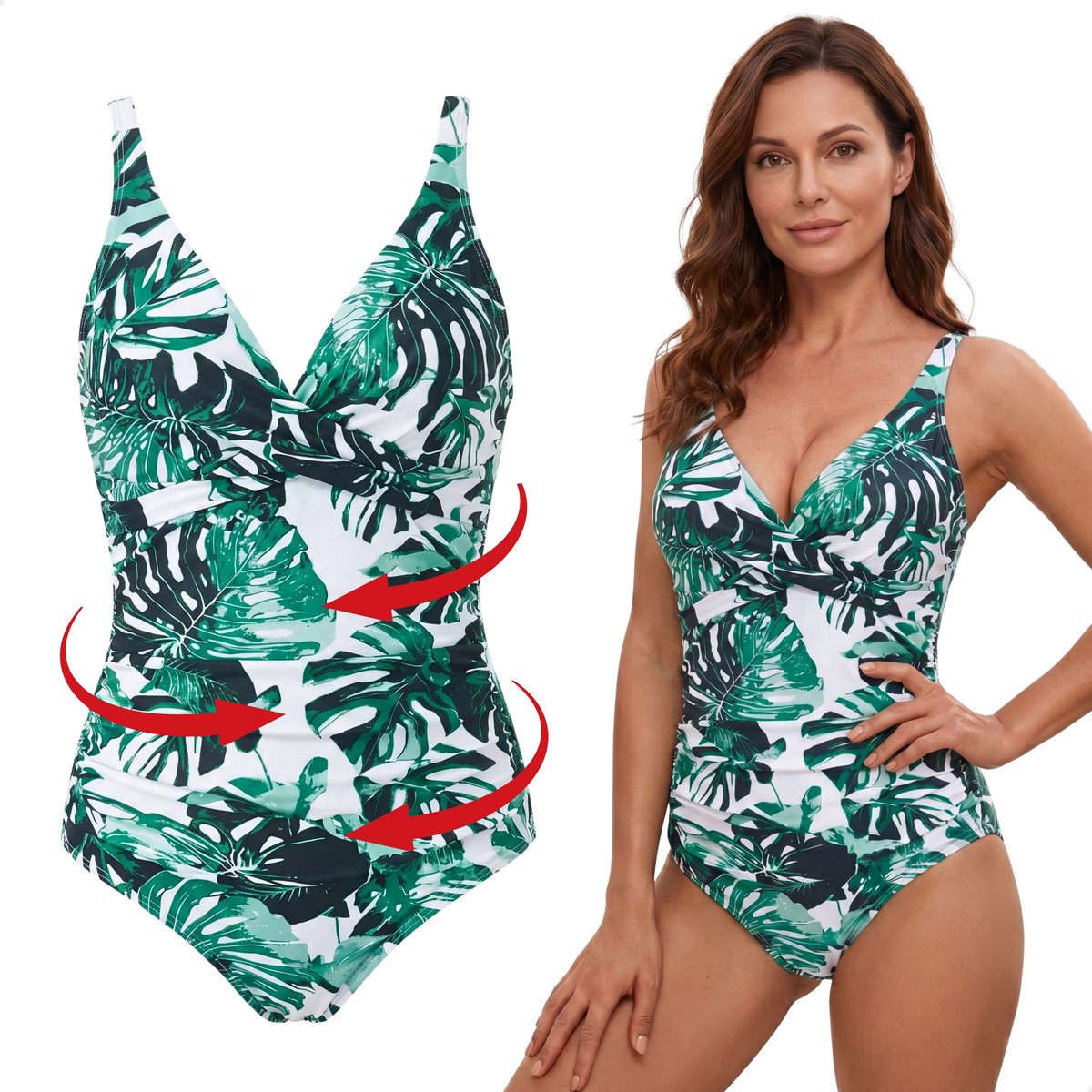 RENALUX - Corrigerend Badpak Dames met Verstelbare Bandjes - Shaping Badpak - Corrigerend Badpakken voor Dames - Wit met groene bladprint - S
