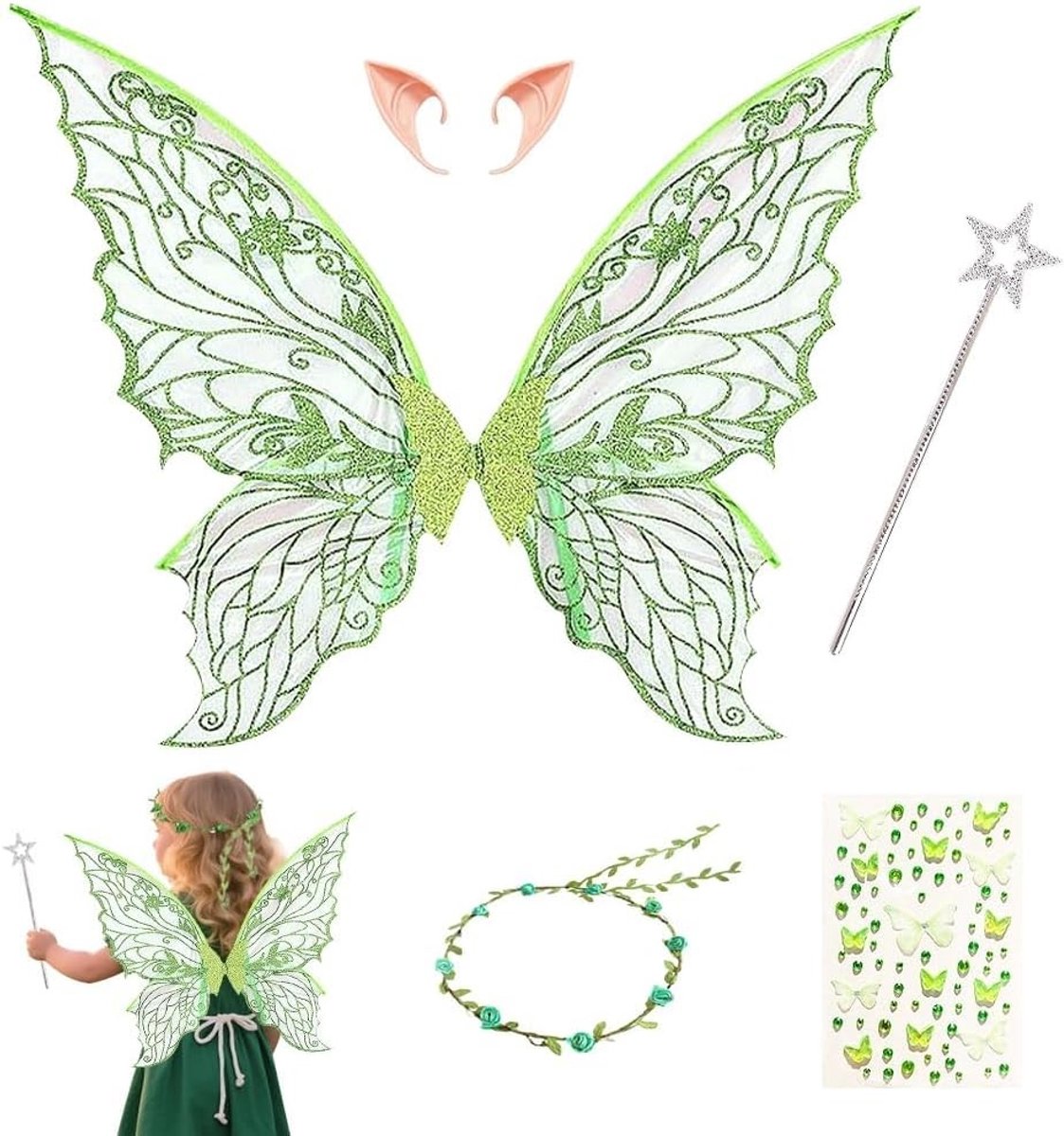 Magische feeënvleugels voor kinderen, kostuum met vlinder- en prinsessenvleugels voor carnaval en feesten