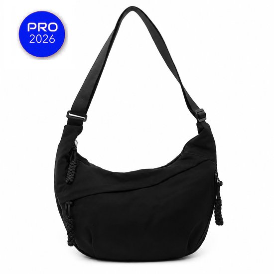 Sac bandoulière noir avec tirettes de fermeture éclair tressées et une sangle, avec logo "PRO 2026".