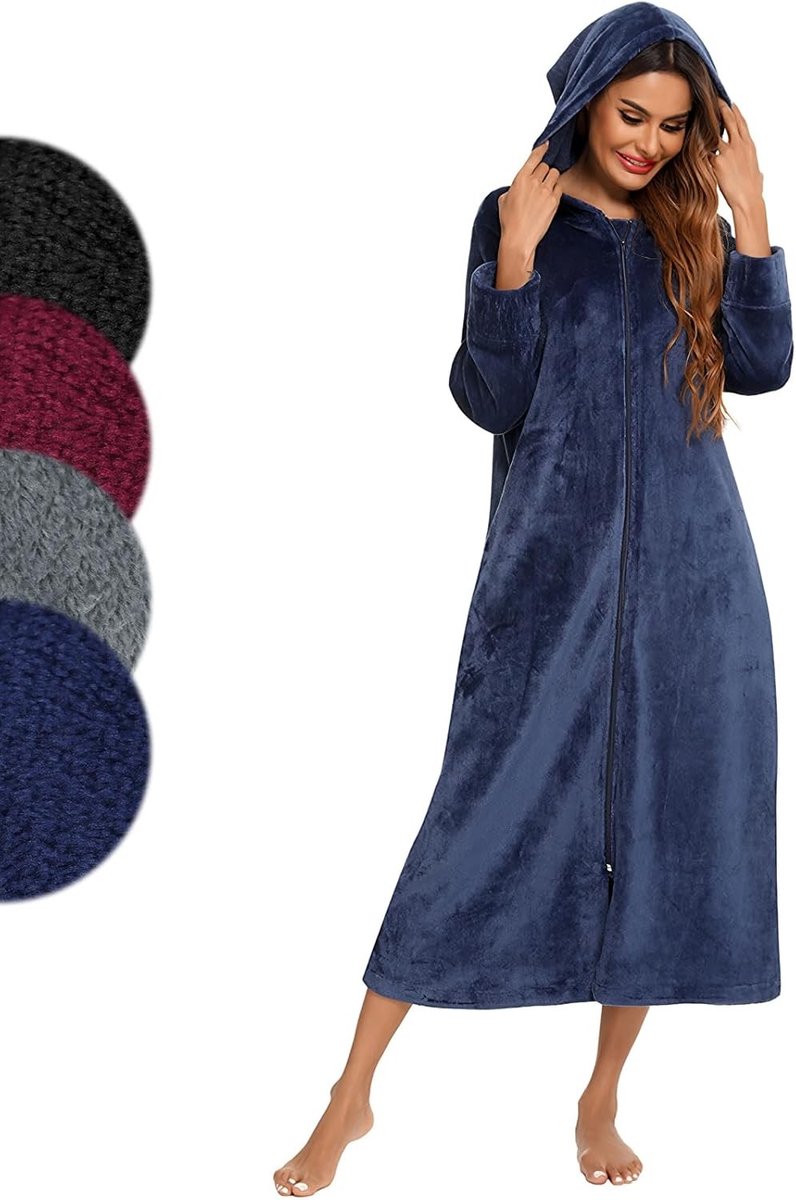 Unisex Badjas met Rits en Capuchon, Lange Flanellen Badjas met Voorzakken voor Sauna en Thuisgebruik