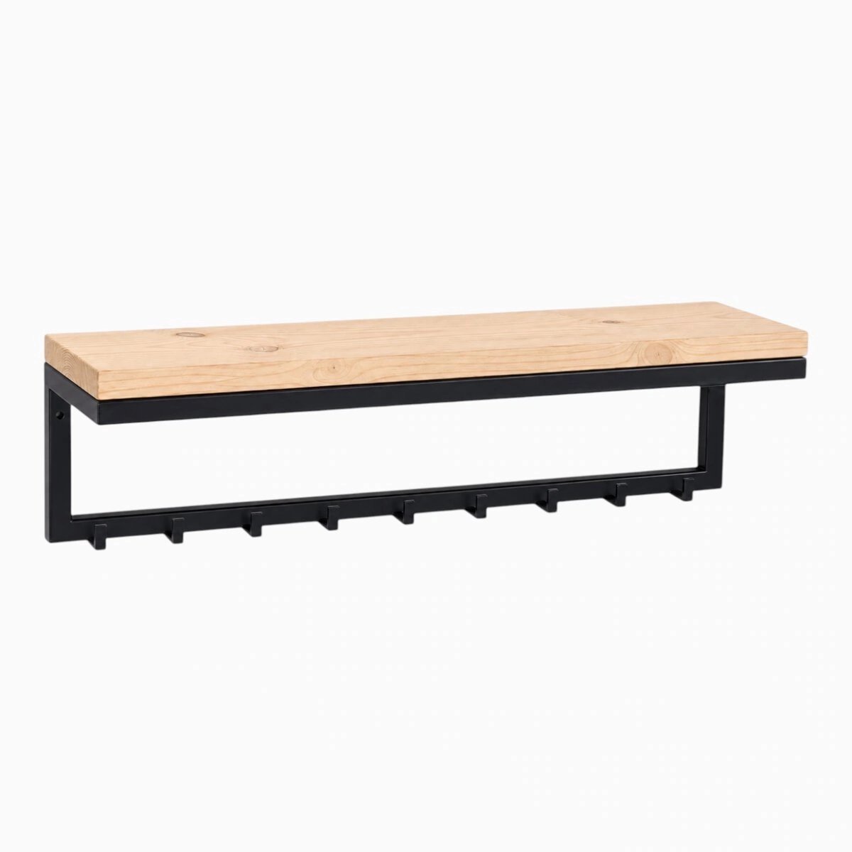 Milton kapstok met plank – 9 haken – 90 × 25 × 18 cm – hout en staal – Wibema