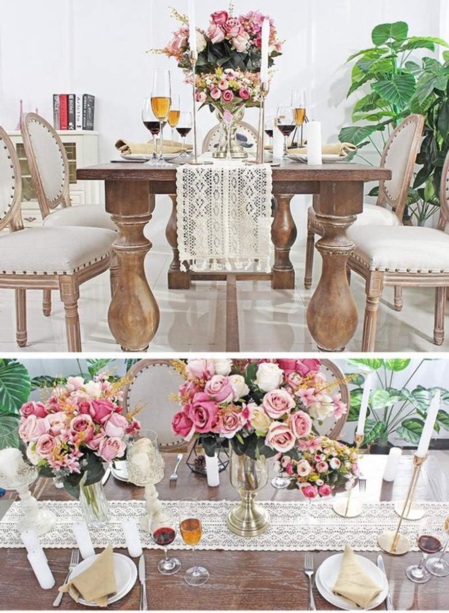 Rechthoekige gehaakte tafelloper voor rustieke boho bruiloft - Elegant ontwerp met holle mesh - Decoratief tafelkleed voor bruids- en babyshowers - Beige kleur - 75+ karakters