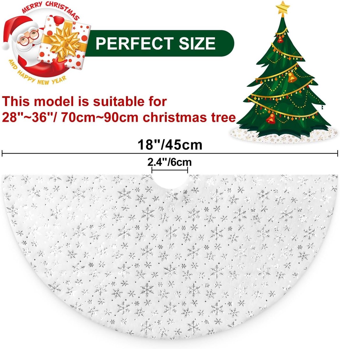 Kerstboomrok 45 cm met zilveren sneeuwvlokkenprint voor kerstdecoratie, ideaal voor binnen en buiten, perfect voor feestelijke wintervieringen
