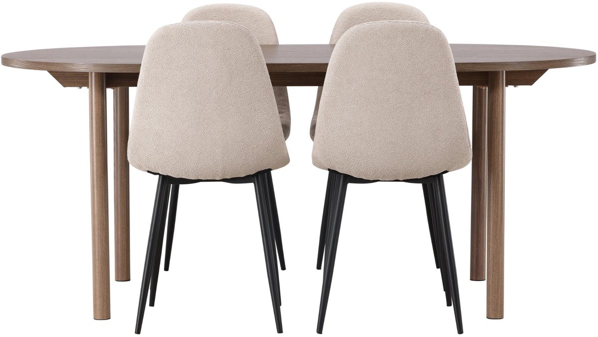 Andy eethoek eettafel naturel 4 stoelen bouclé beige.