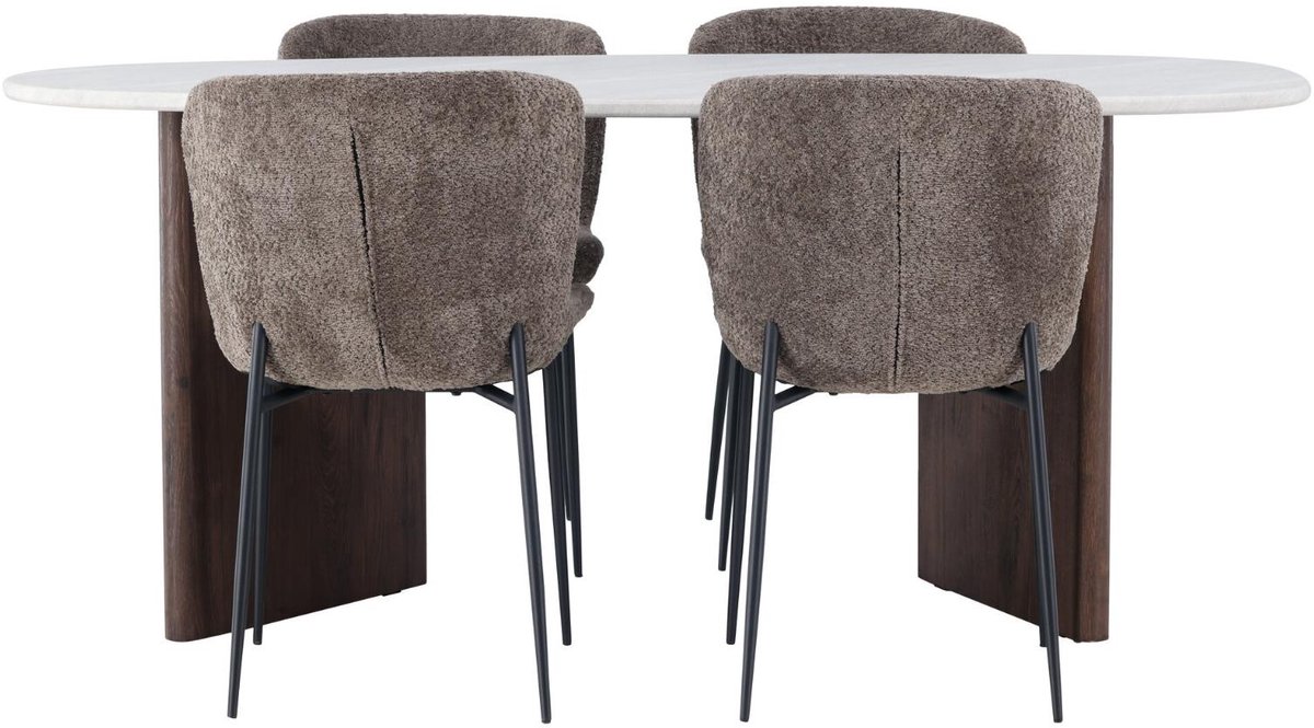 Grönvik eethoek eettafel lichtgrijs 4 stoelen bouclé bruin.