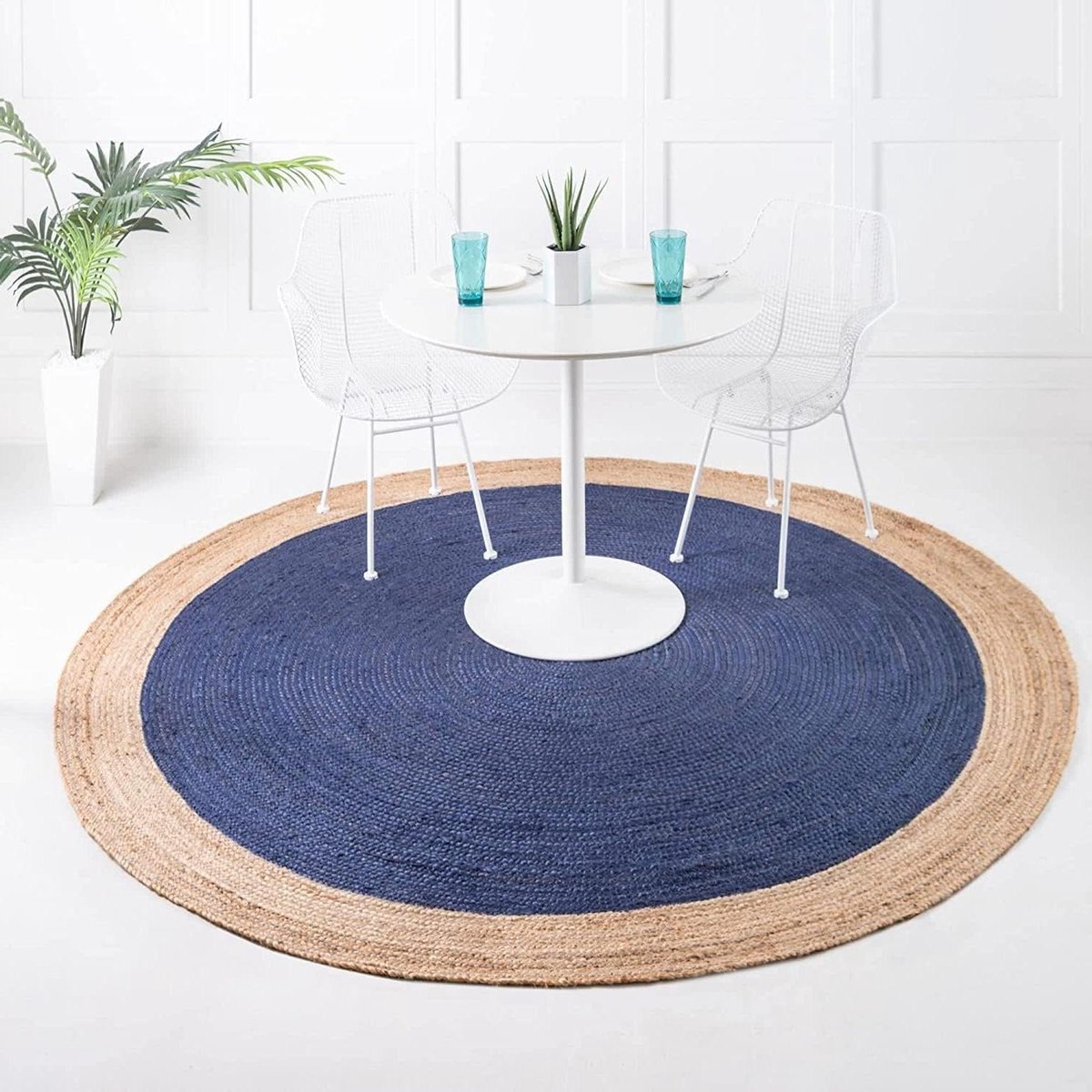 Gevlochten Jute Tapijt - Handgeweven Vloerkleed - Woonkamer Decoratie - Natuurlijke Vezels - 240x240 cm - Naturel/Marineblauw