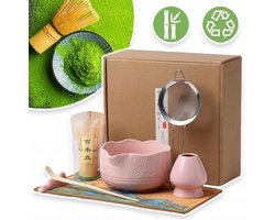 Complete Set Voor Het Maken Van Roze Matcha - Keramische Kom Van 450 ml Bamboe Garde Standaard Lepel En Theedoek - Elegante Japanse Theeaccessoires Perfect Voor Speciale Gelegenheden