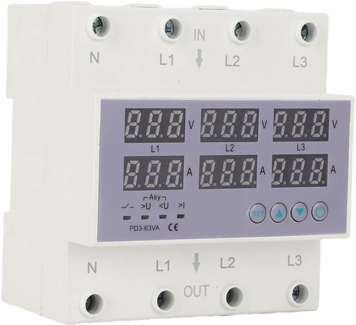 3-fase DIN-rail voltmeter, CHLT 63 digitaal LCD-scherm, automatische reset DIN-rail voltmeter en ampèremeter, AC390 tot 500 V, overspanning, AC370 V tot 140 V, onderspanning, snelle respons, stroombeveiliging (#2)