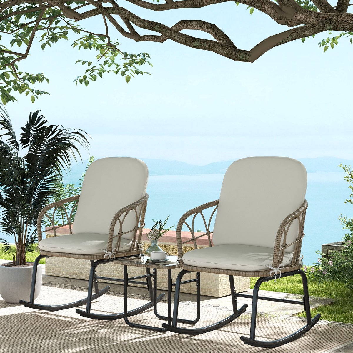 STILVORA Bistroset - 3-Delige Tuinset Met Schommelstoelen En Tafel - Voor Balkon En Terras - PE-Rattan En Glas - Geel