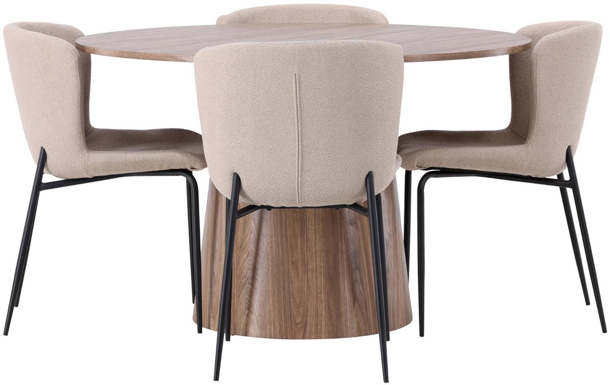 Lanzo eethoek eettafel naturel 4 stoelen bouclé beige.