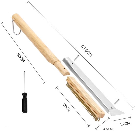 1 stuk - De pizzaborstel - met roestvrijstalen steenschraper, messing borstelharen, houten handvat en ophangring - is een accessoire voor pizzaovens voor buiten, compatibel met Ooni, Gozney, Blackstone en Solo Stove ovens (53 cm, bruin) — afbeelding 2