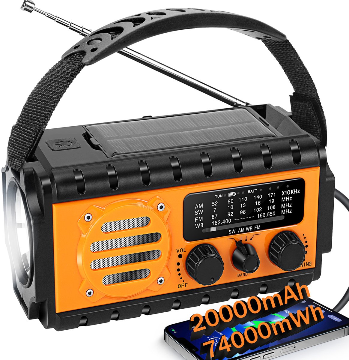 20000mAh Noodradio met Zonnepaneel en Handgenerator, AM FM SW Radio, Zaklamp, LED Leeslamp, SOS Alarm en Powerbank voor Outdoor en Rampen