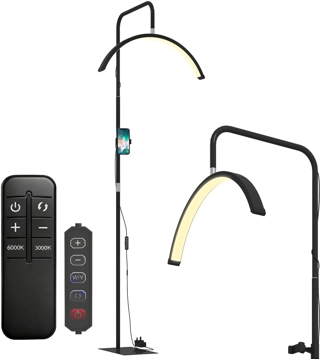 TEKROA® Vloerlamp Halve Maan LED - Dimbaar - 36W - 7 Kleurtemperaturen - 350° Draaibaar - Staande Lamp voor Salon & Woonkamer - Zwart