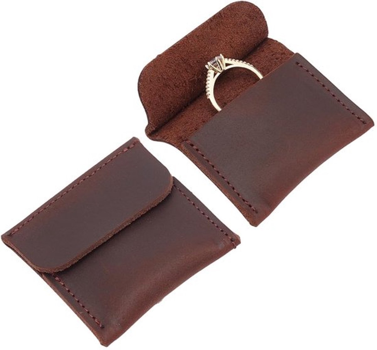 2 stuks PU leren sieradenzakje, 5,8 x 6 x 1 cm rechthoekig leren ringzakje, draagbare sieraden opbergzakjes voor oorbellen en kettingen, kokosnootbruin