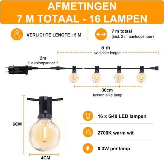 EverNeeds G40 Lichtsnoer Buiten - Prikkabel 7m - 16 LED - IP44 - Dimbaar met Afstandsbediening - Lichtslinger - Sfeerverlichting Buiten en Binnen - Warm Wit 2700K - 3 Extra LEDs