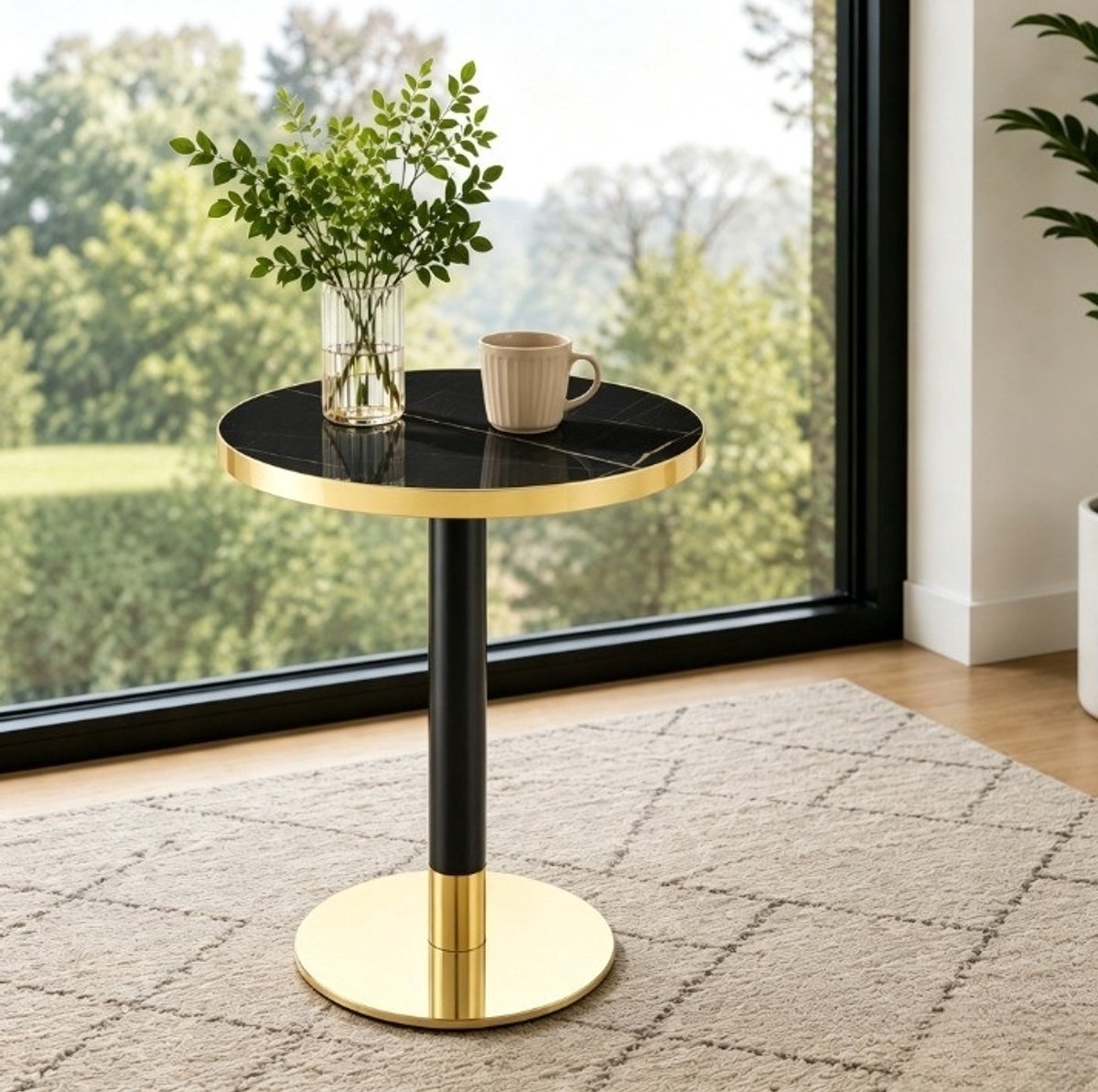 STILVORA Bijzettafel - Ronde Tafel Met Marmerlook En Gouden Rand - Voor Woonkamer Slaapkamer En Balkon - MDF Metaal - 60x60x73,7 Cm - Zwart