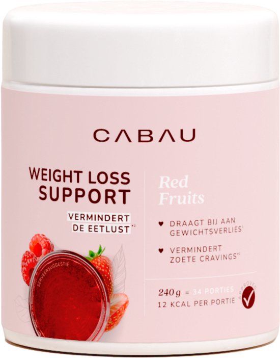 Cabau Weight Loss Support Red Fruits pot. Tekst op pot: Vermindert de eetlust, draagt bij aan gewichtsverlies, vermindert zoete cravings. 240g = 34 porties, 12 kcal per portie.