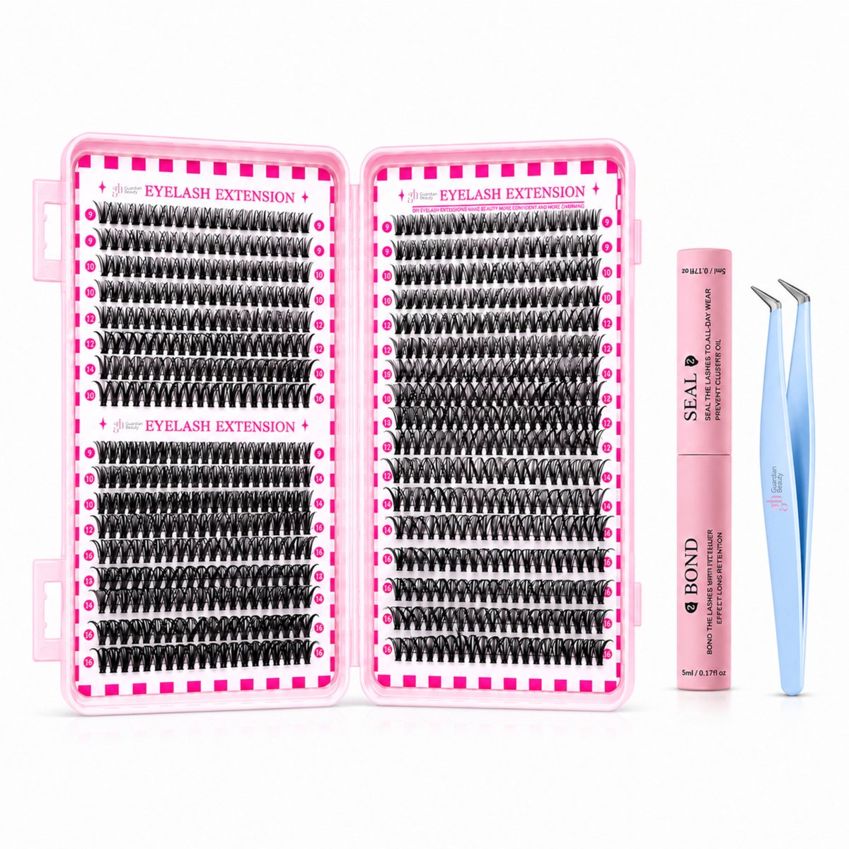 Guardian Beauty Wimper Extensions Set - DIY Cluster Wimpers 40D Mix - Bond & Seal Wimperlijm 10ml - Dubbelkoppig - Inclusief Blauw Pincet