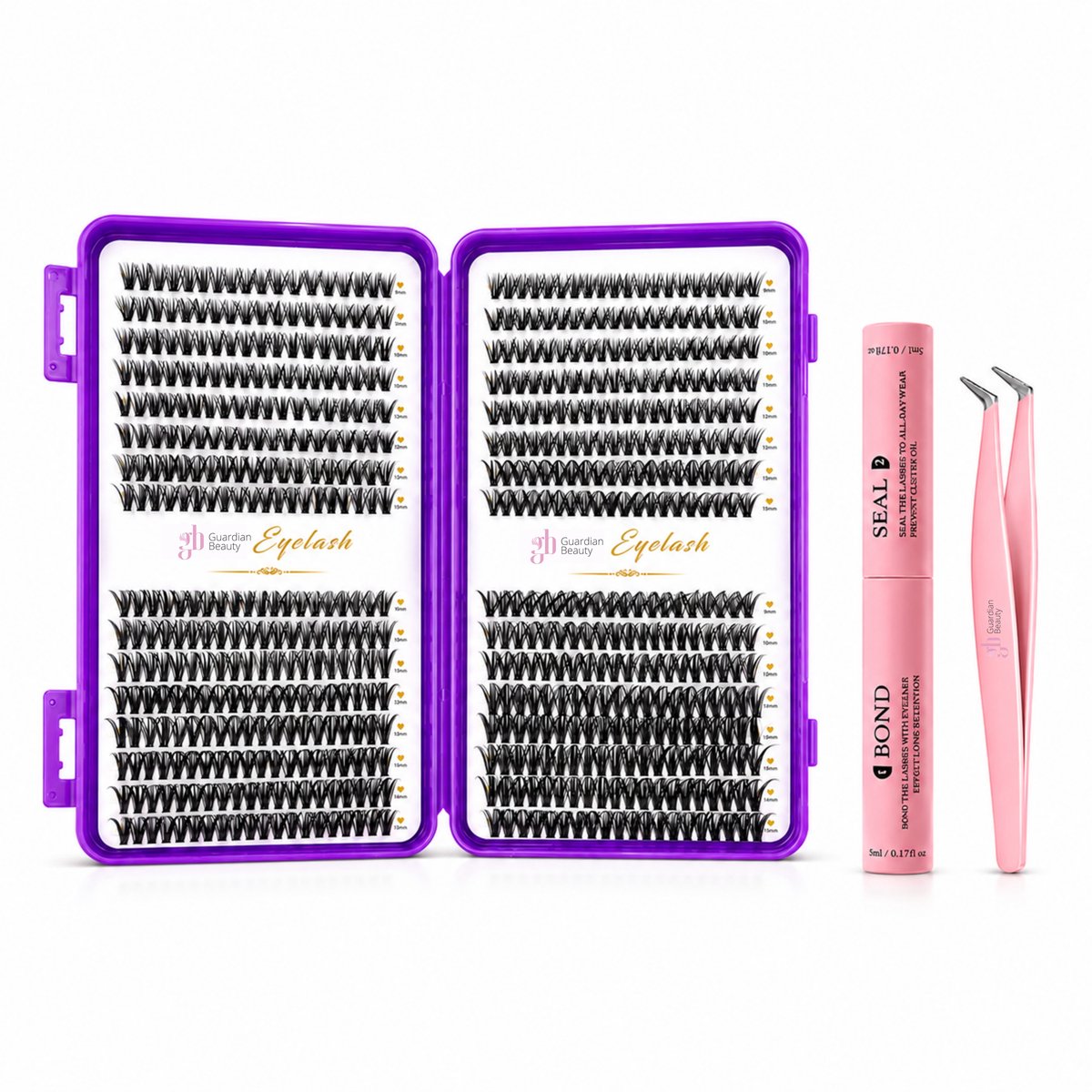 Guardian Beauty Wimper Extensions Set - DIY Cluster Wimpers 50P Mix - Bond & Seal Wimperlijm 10ml - Dubbelkoppig - Inclusief Roze Pincet