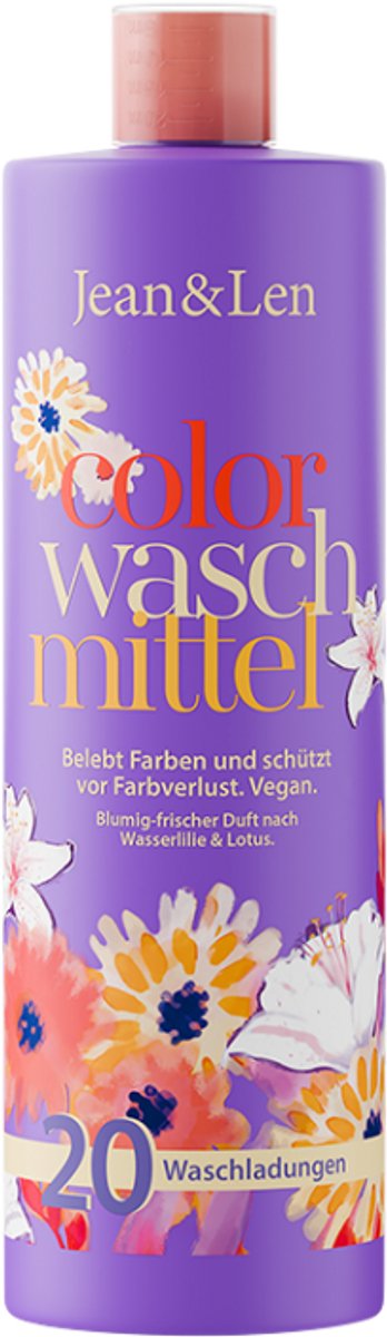 Jean & Len Vloeibaar Wasmiddel voor Gekleurde Was met Waterlelie & Lotus 1000 ml - vegan, dierproefvrij, zonder microplastics, textielonderhoud