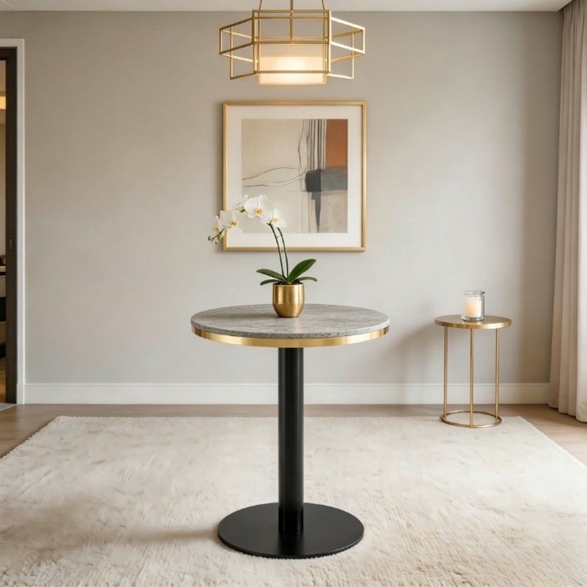 STILVORA Bijzettafel - Rond Met Marmerlook En Gouden Rand - Voor Woonkamer Slaapkamer En Balkon - MDF En Metaal - 60 X 73,7 Cm - Grijs