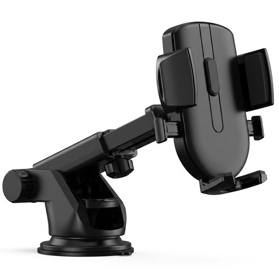 Zwarte Nuvance telefoonhouder met zuignap en verstelbare arm, studio opname.