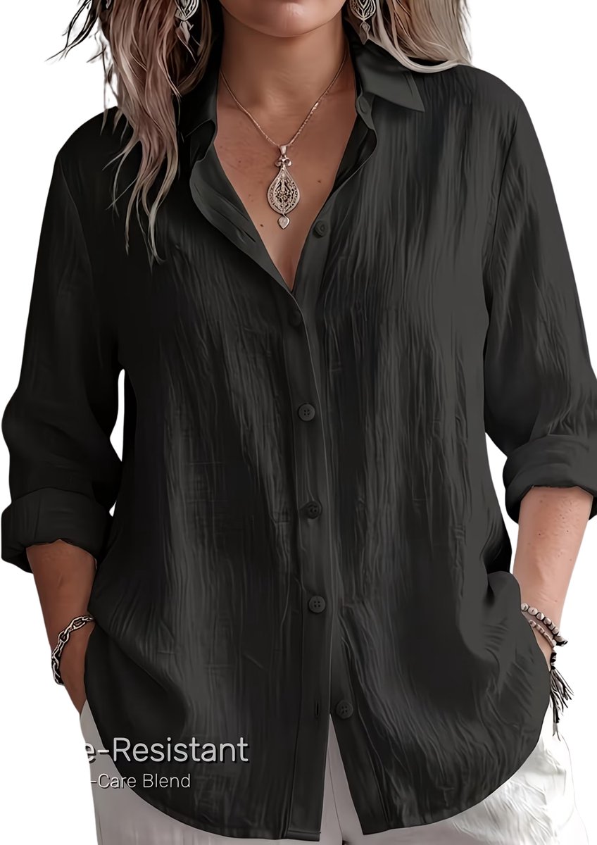 Currero Linnen Blouse Dames T-Shirt Polo Overhemd Shirt Zomer Ibiza Stijl 3XL Zwart