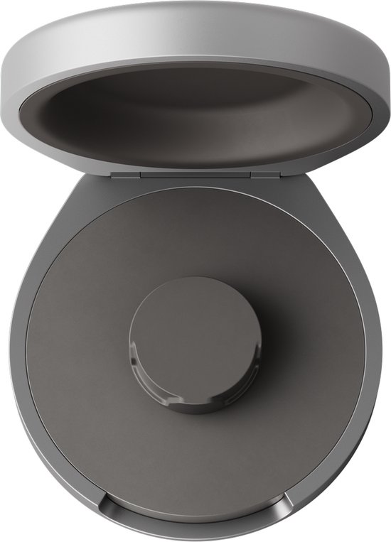 Grijze, ronde Oura Ring oplaadcase, deksel omhoog.