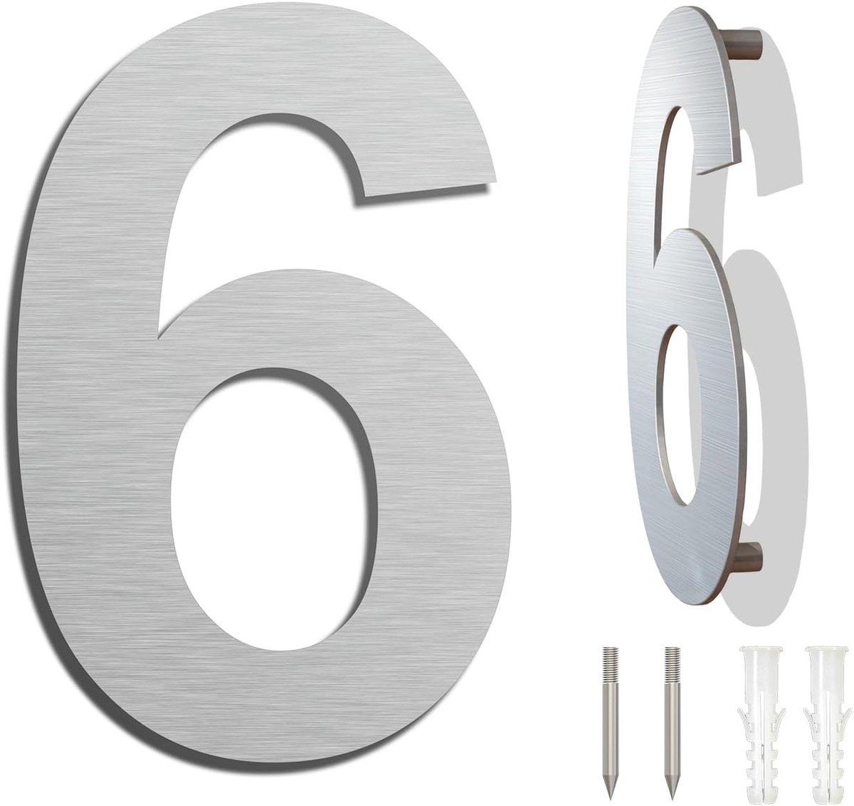 Rvs huisnummer - 25,4 cm - Cijfer 6 - Huisnummerbordje - Huisnummer - Hotelkamernummer - Zwevend huisnummer - Metalen huisnummer - Huisnummer voor buiten - 3D-huisnummer - Eenvoudig te monteren - Minimalistische stijl - Zilver
