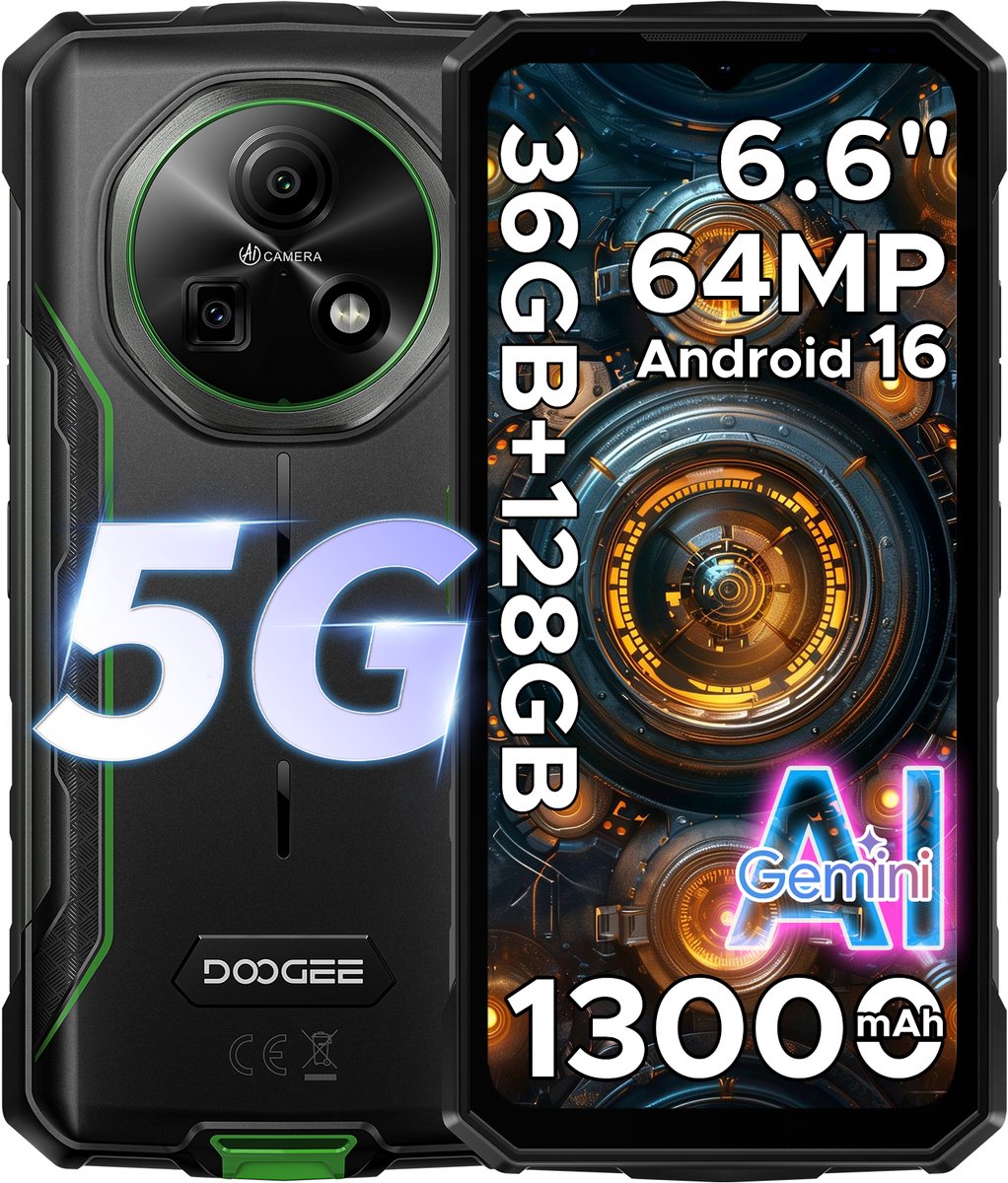 DOOGEE Fire 7 5G - Smartphone - Robuuste Smartphone - 36GB RAM + 128GB ROM/2TB TF - Android 16 - 13000mAh/18W - 6,6 inch HD+ 90Hz Scherm - IP68 Waterdicht - Dimensity 6300 - 64MP AI Camera - Gemini AI - NFC - OTG - 3 Card Slots - Groen