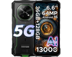 DOOGEE Fire 7 5G - Smartphone - Robuuste Smartphone - 36GB RAM + 128GB ROM/2TB TF - Android 16 - 13000mAh/18W - 6,6 inch HD+ 90Hz Scherm - IP68 Waterdicht - Dimensity 6300 - 64MP AI Camera - Gemini AI - NFC - OTG - 3 Card Slots - Groen