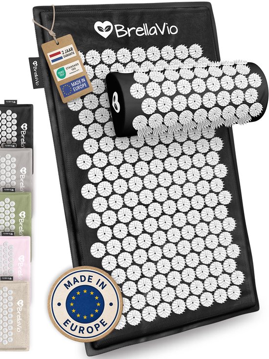 BrellaVio Spijkermat Set met Spijkerkussen - Zwart - 74x44 cm - Acupressuur Mat - Spijkerbed - Acupunctuur Kussen - Shakti Massage