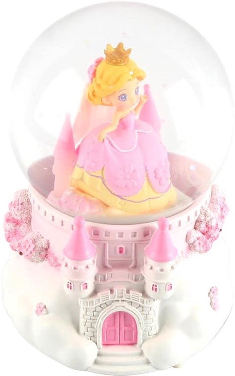 Muzikale Draaibare Gouden Haar Prinses Sneeuwbol met Sprankelende Lichten, Muziek en Kasteelbasis, 10cm Glas, Sneeuwbol, Decoratie, Muziekdoos (Roze)