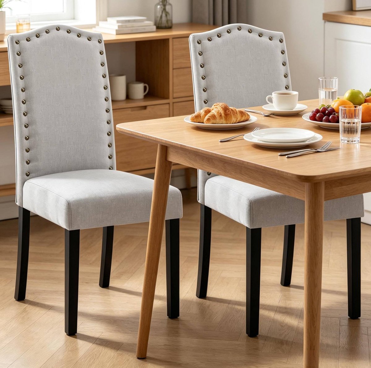 OKWISH Eetkamerstoel - Hoge Rugleuning & Gestoffeerde Zitting - Set Van 2 - Massief Houten Poten - Voor Eetkamer Of Keuken - Lichtgrijs