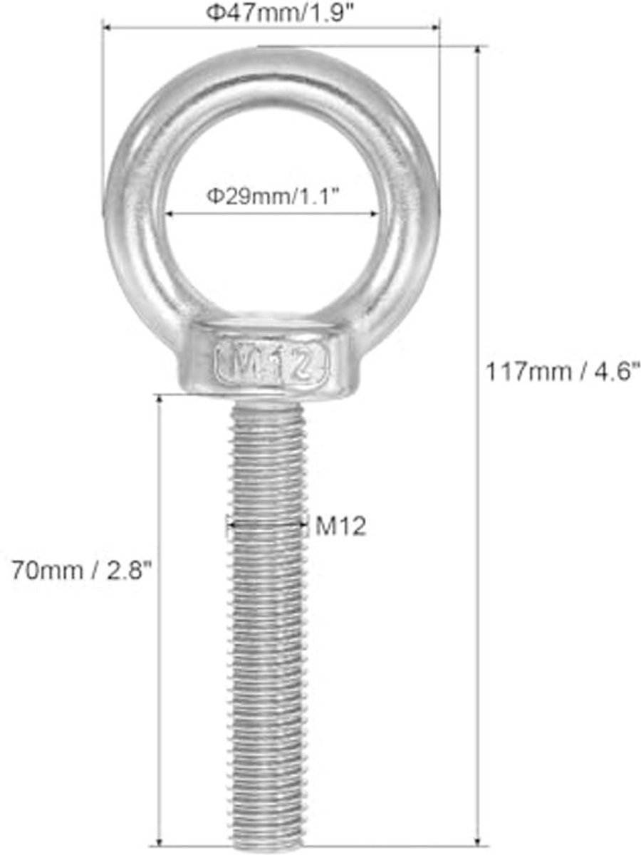 Ring Ogen Schroeven M12x70 RVS 304 met Afsluitring en Platte Moeren, 2 Sets