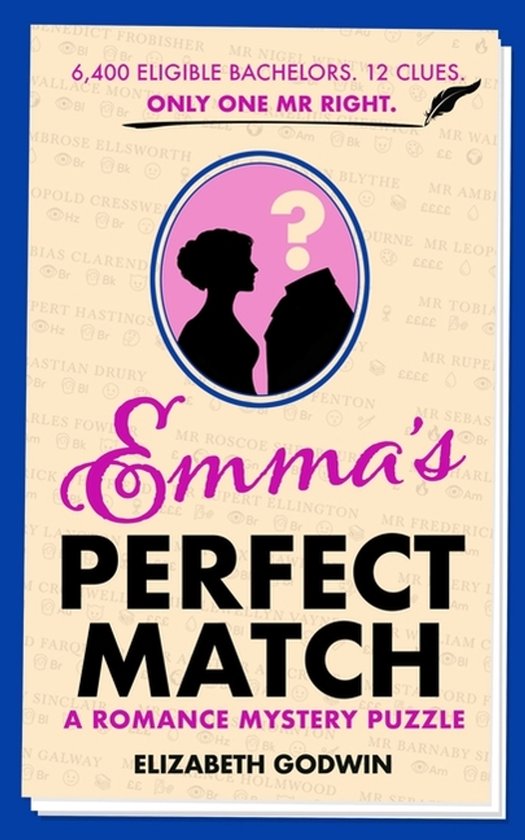 Boekomslag 'Emma's Perfect Match' met roze cirkel, silhouetten en de tekst: 6400 vrijgezellen, 12 aanwijzingen.