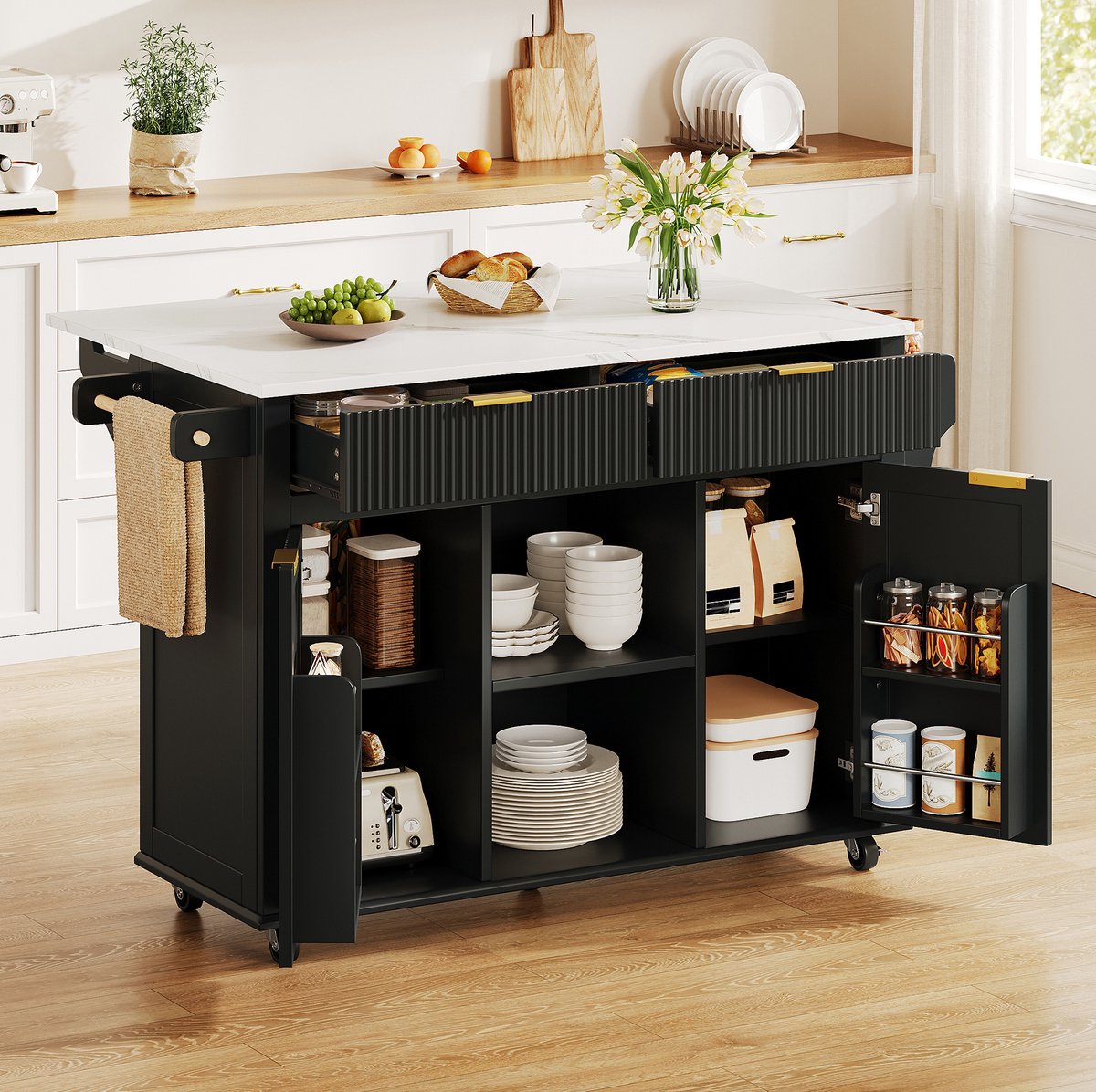 Wishdor - Keukenkast - Uitklapbaar werkblad - 2 lades en 2 deuren - Modern keukeneiland op wielen - Houtlook - Zwart en naturel - 143 x 45 x 89,5 cm