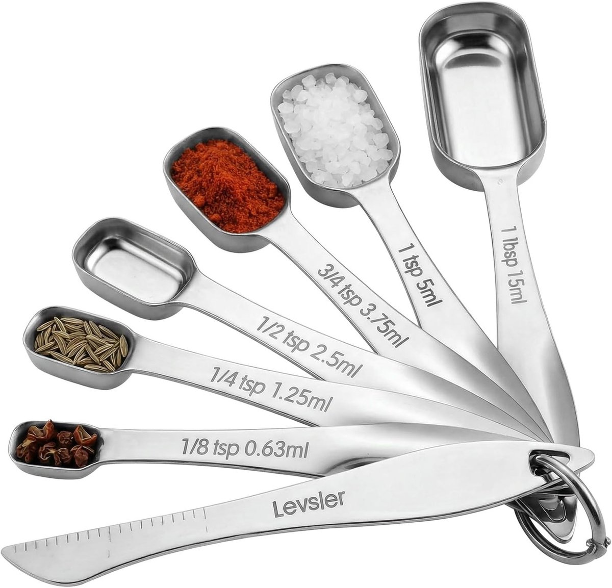 Set van 7 roestvrijstalen maatlepels met U-knop voor nauwkeurig doseren van ingrediënten, perfect voor koken en bakken
