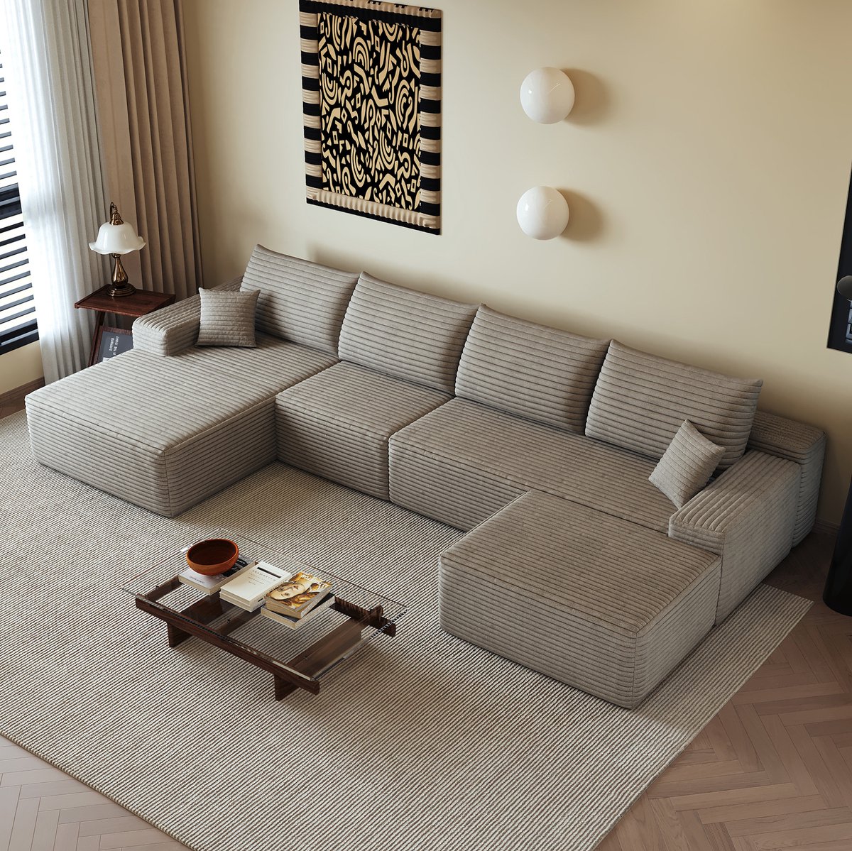 MIVRAY Hoekbank 340 x 175 x 83 cm - Modulaire Bank Met Omkeerbare Chaise Longue En Diepe Zit - Woonkamer En Slaapkamer - Ribfluweel Camel