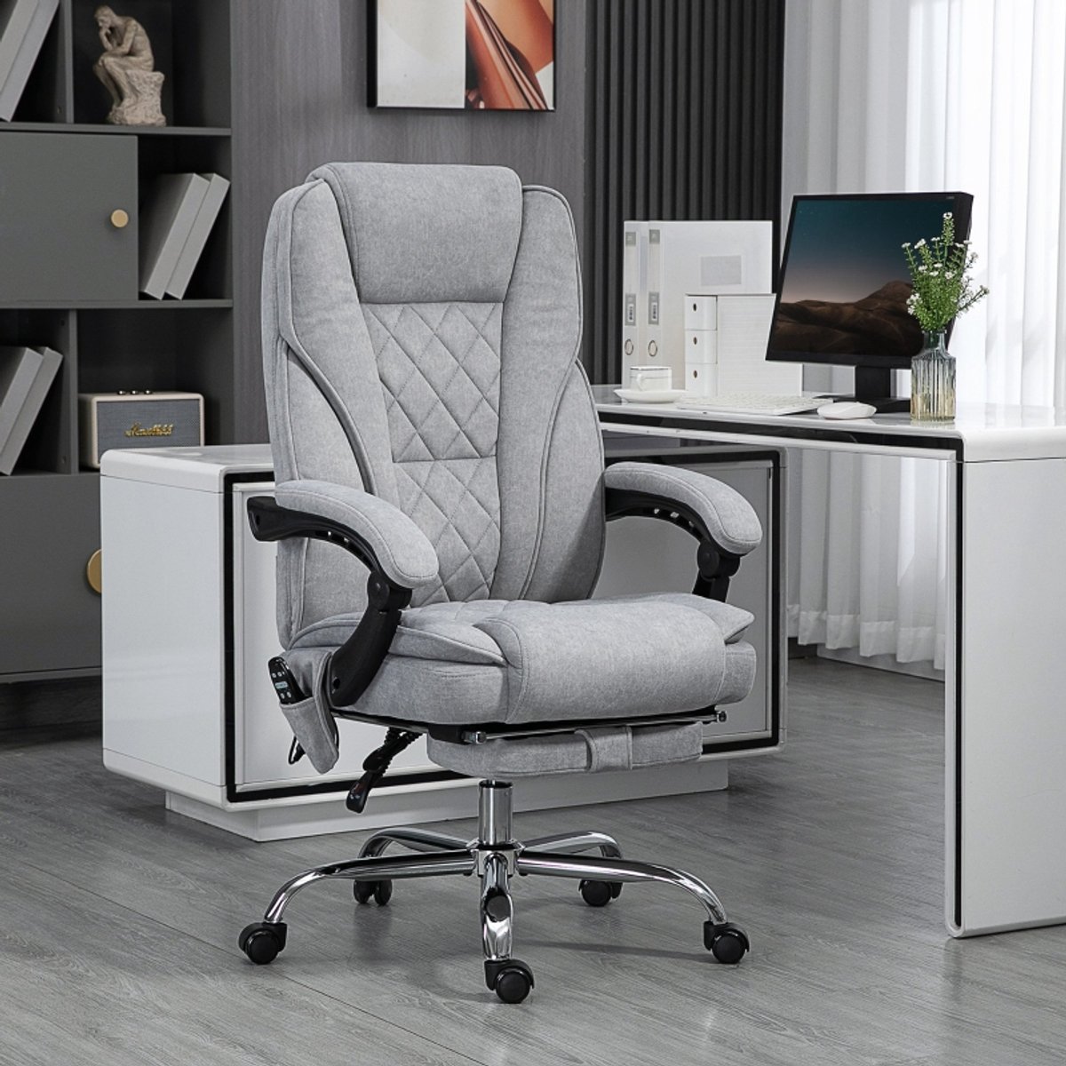 HAUSS SPOLE Bureaustoel - Ergonomisch Massageontwerp - Met Verwarming, Ligfunctie, Voetsteun En Afstandsbediening - Voor Kantoor En Thuis - Grijs