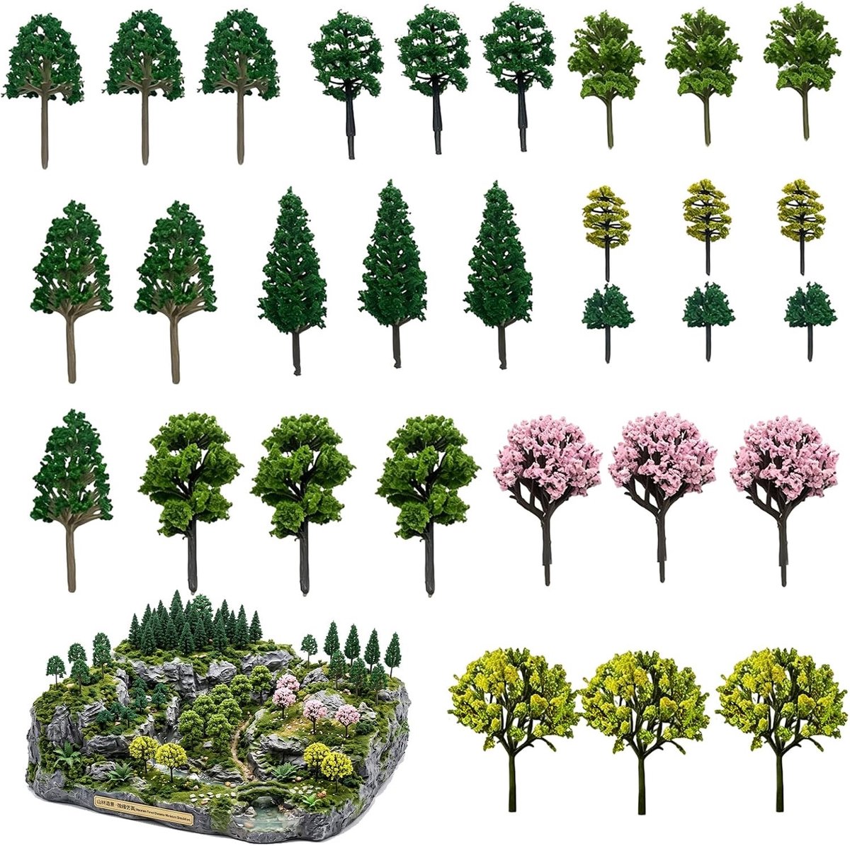 Miniatuurbomen set van 30 stuks, gemengd, 3,5-7 cm, perfect voor diorama's, modelbouw en zandtafels