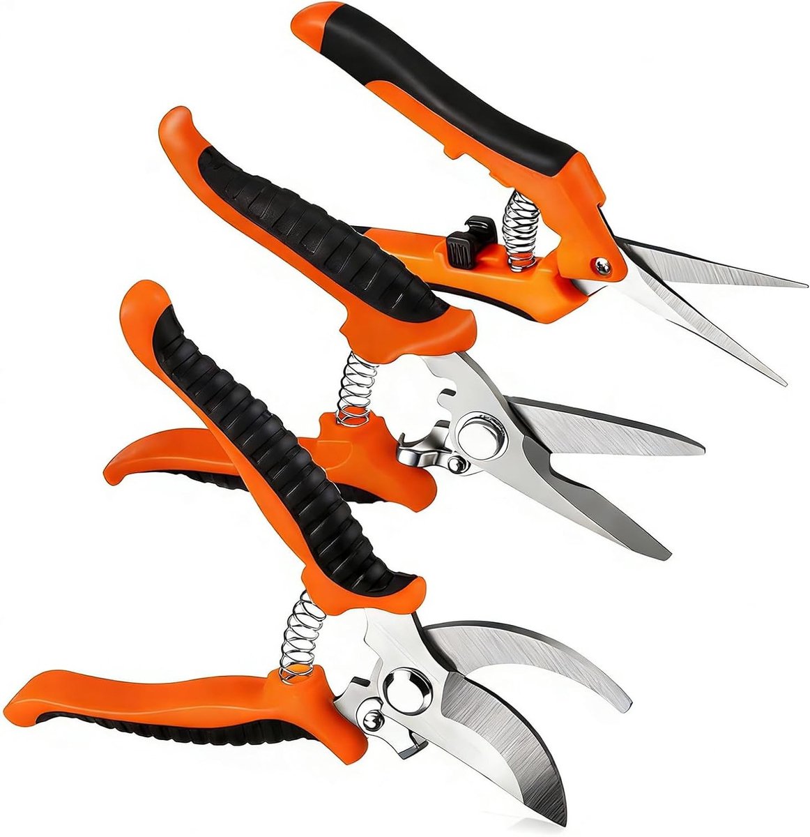 Set van 3 Tuinscharen van RVS voor het Snoeien van Takken, Bloemen, Fruit en Groenten - Oranje Tuingereedschap