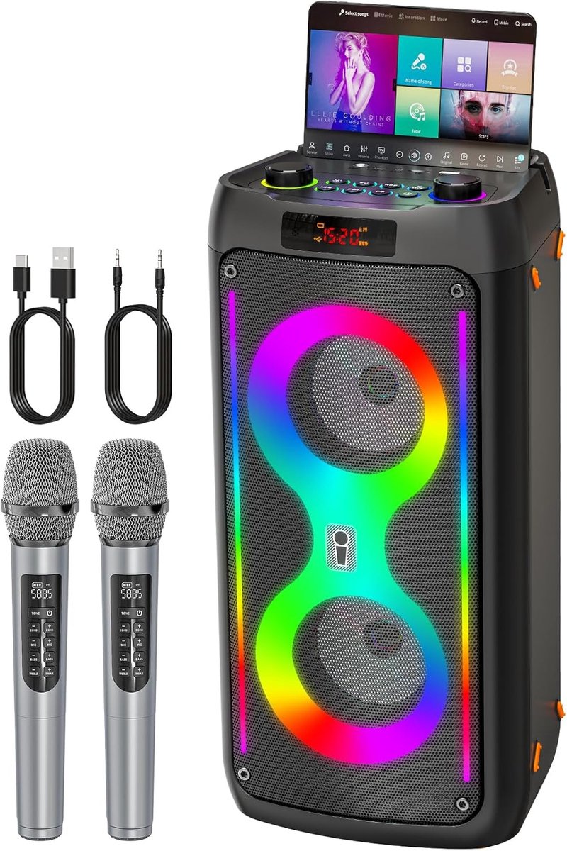 SnelShoppen - Karaoke Machine voor Volwassenen met 2 Draadloze Microfoons - Draagbare Bluetooth Speaker met LED Verlichting - Geschikt voor Feesten, B