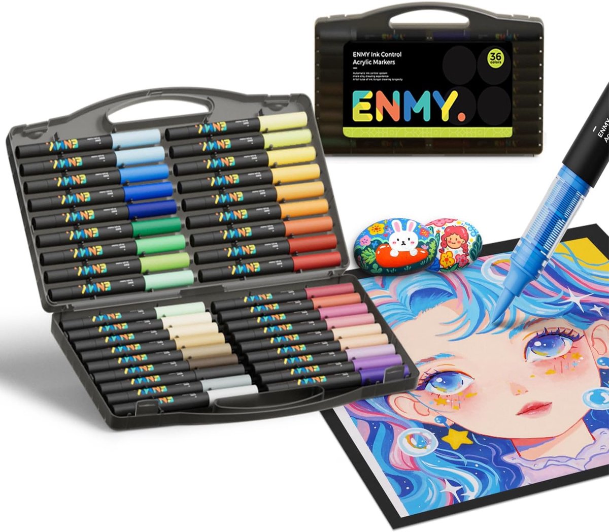 SnelShoppen - Creatieve Acrylaat Markers, 36 Kleuren, Waterbasis, Penseelpunt, Voor Hout, Steen, Canvas, Glas, Textiel, Perfect Voor Kunstenaars en Ho