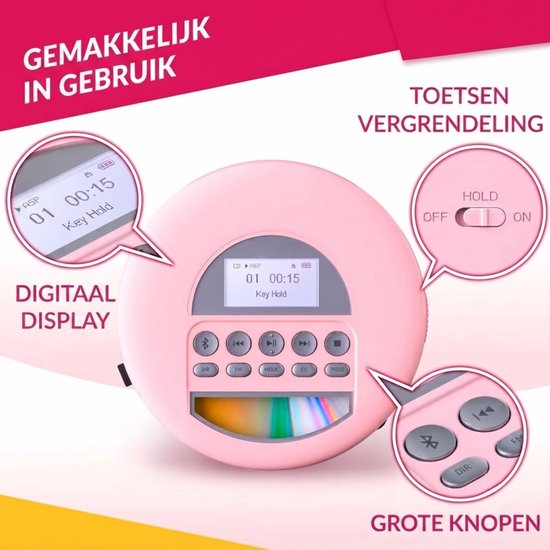 SP® CD Speler Draagbare - Draagbare Bluetooth CD Speler - CD Speler - Roze - 15cm x 15cm x 3cm van SP — afbeelding 3